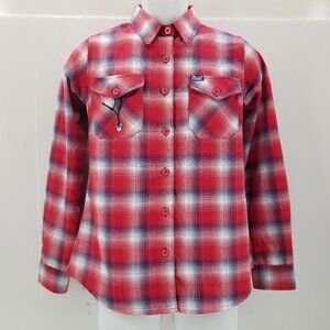 Dixxon Women's Small Summit Racing Button Up Flannel Shirt Red White Check